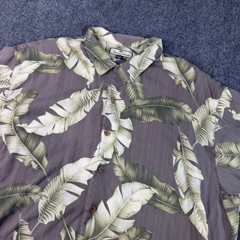 Tommy Bahama Mens XXL 100% Silk Tropical Banana Leaf Print Camp Shirt Gray Green